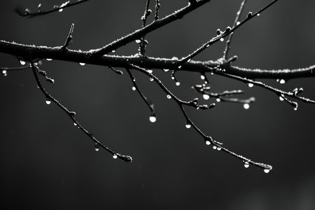 Water droplets on a tree branch. Black and white photo.の素材