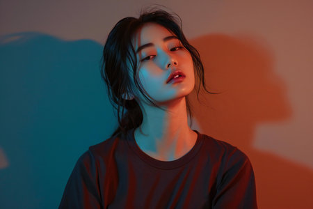 Portrait of a beautiful asian woman with dark hair and red lipsの素材