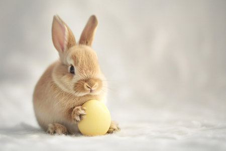 Cute Easter bunny with egg on white background, space for textの素材