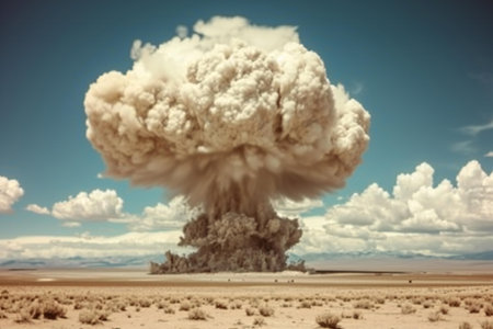 Big explosion in the desert. Dramatic sky. Vintage style.の素材