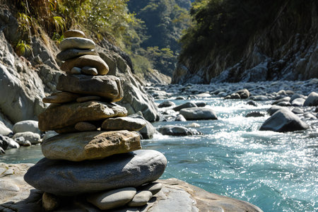Pyramid of stones on the background of the mountain river in the mountainsの素材