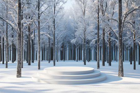 a beautiful winter landscape with a podium and trees covered with snowの素材