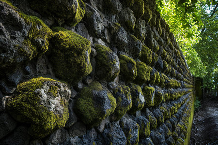 Stone wall covered with green moss in the forest. Selective focus.の素材