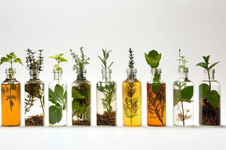 Herbs and spices in glass bottles on a white background. Herbal medicine.の素材