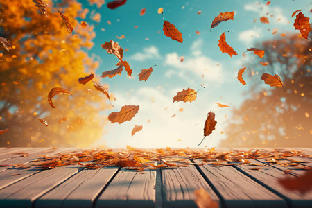 Autumn background with falling leaves and wooden planks.の素材