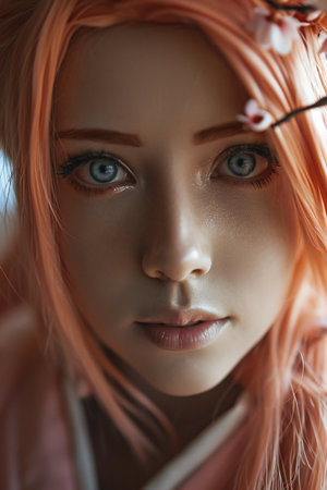 Close-up portrait of a beautiful young woman with pink hair.の素材