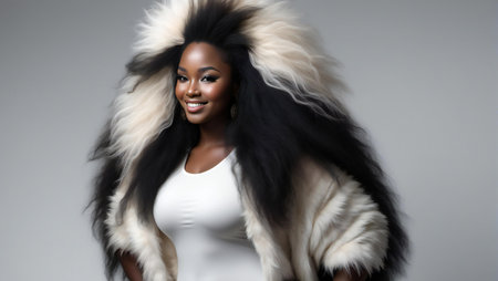 Beautiful african american woman in fur coat, studio shotの素材