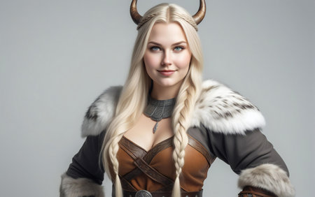 Portrait of a beautiful young woman dressed like a Viking with hornsの素材