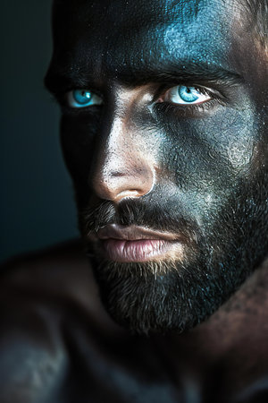 Close-up portrait of a man with black paint on his faceの素材