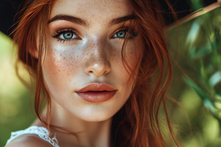 Close-up portrait of beautiful redhead girl with freckles on her faceの素材