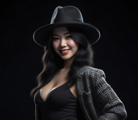 Portrait of beautiful asian woman wearing hat on black background.の素材