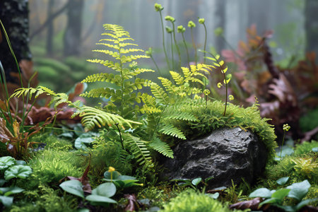 Ferns and moss in the forest with foggy background.の素材