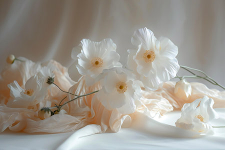 White poppies on a white background. Wedding bouquet.の素材