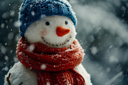 Snowman in hat, scarf and red scarf on snowy background.の素材