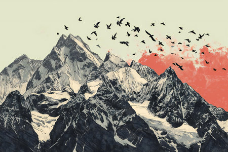 Mountains with birds in the sky.の素材