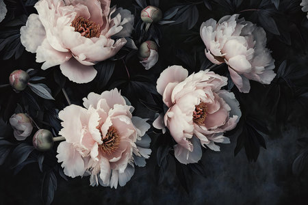 Beautiful peony flowers on dark background. Vintage toning.の素材
