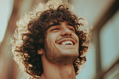 Portrait of a handsome young man with curly hair smiling outdoors.の素材