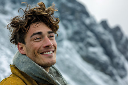 Portrait of a smiling young man with wet hair standing in the mountainsの素材