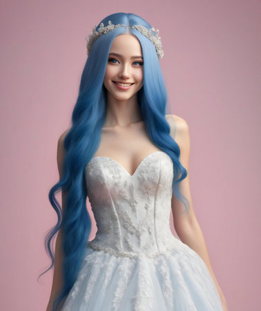 Portrait of a beautiful young girl with blue hair in a white wedding dress.の素材