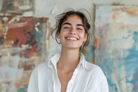Portrait of a beautiful young woman smiling and looking at the cameraの素材
