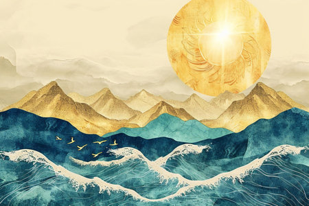 Mountain landscape with sun and seagulls. Digital painting.の素材