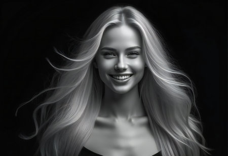 Portrait of a beautiful woman with long blond hair. Black and white photo.の素材