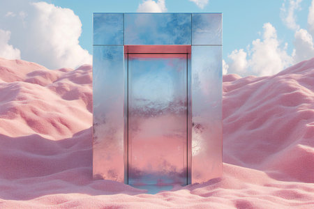 glass door on pink sand and blue sky backgroundの素材