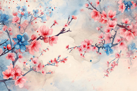 Watercolor painting of sakura flowers. Spring blossom background.の素材