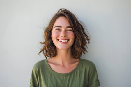 Portrait of smiling young woman standing against white background in city streetの素材