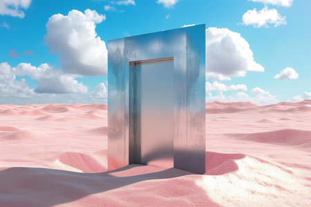 Door in desert against blue sky over white clouds,の素材