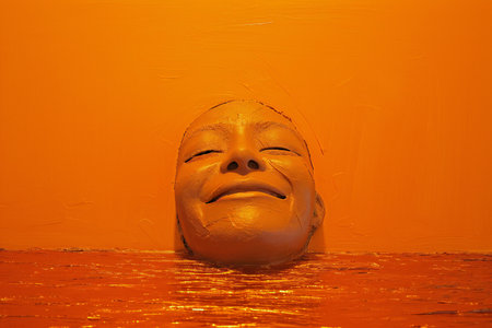 Buddha face in water on orange background. Artistic conceptの素材
