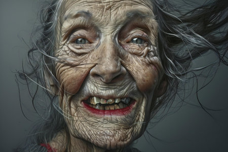 Portrait of an old woman with long hair and a smile.の素材