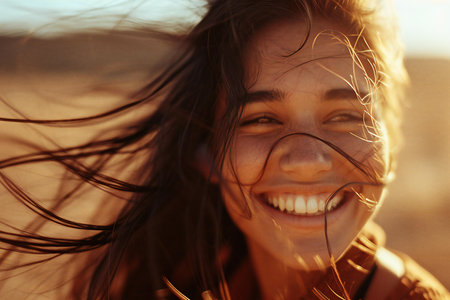 Close up portrait of a happy young woman with wind in her hairの素材