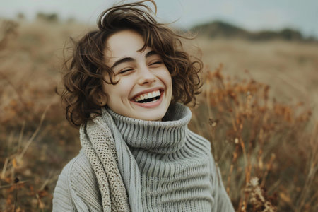 Close up portrait of a beautiful young woman in a knitted sweater and scarf on the autumn fieldの素材
