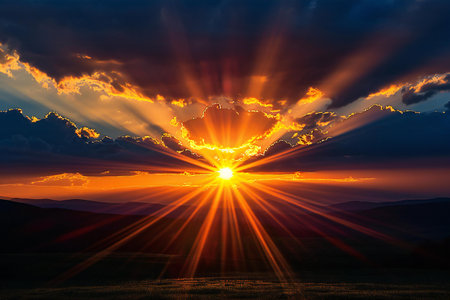 Sunset in the mountains with clouds and rays of the sun.の素材