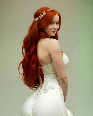 Beautiful redhead girl with long hair in a white wedding dressの素材