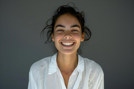 Close up portrait of a happy young woman laughing and looking at cameraの素材