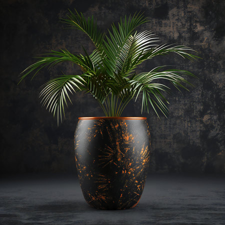 Palm tree in a pot on a dark background.の素材