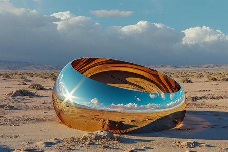 Sunset in the desert with reflection of clouds in glass sphere.の素材