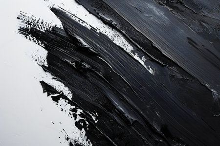 Black acrylic paint brush stroke texture background. Abstract acrylic painting on canvas. Fragment of artwork.の素材