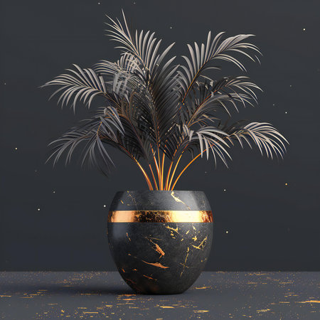 Black vase with tropical palm leaves on dark background.の素材