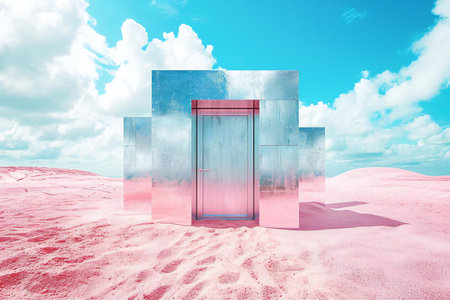 an open door in the desert with blue skyの素材