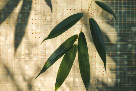 Bamboo leaves on the background of a window with blinds.の素材