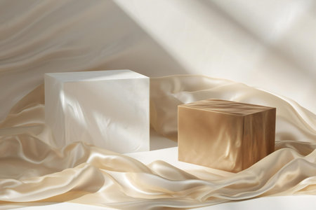 White and golden podiums on a white silk background.の素材