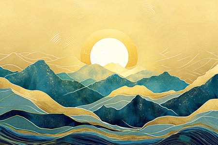 Mountain landscape with sun and clouds. Hand-drawn illustration.の素材