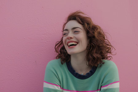 Portrait of a beautiful young woman with red curly hair smiling against a pink wallの素材