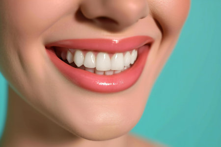 Close-up of a beautiful young woman with a healthy smile.の素材