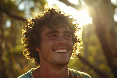 Portrait of a young man with curly hair smiling in the natureの素材
