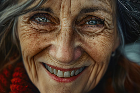 Portrait of a smiling senior woman with freckles on her faceの素材