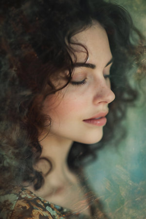 Portrait of a beautiful girl with curly hair and smoke on her faceの素材